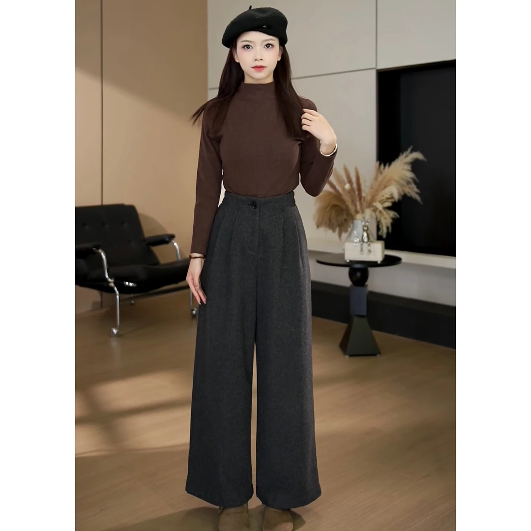 【小个子】冬季毛呢休闲宽松后松紧百搭高腰休闲裤-YJ2024