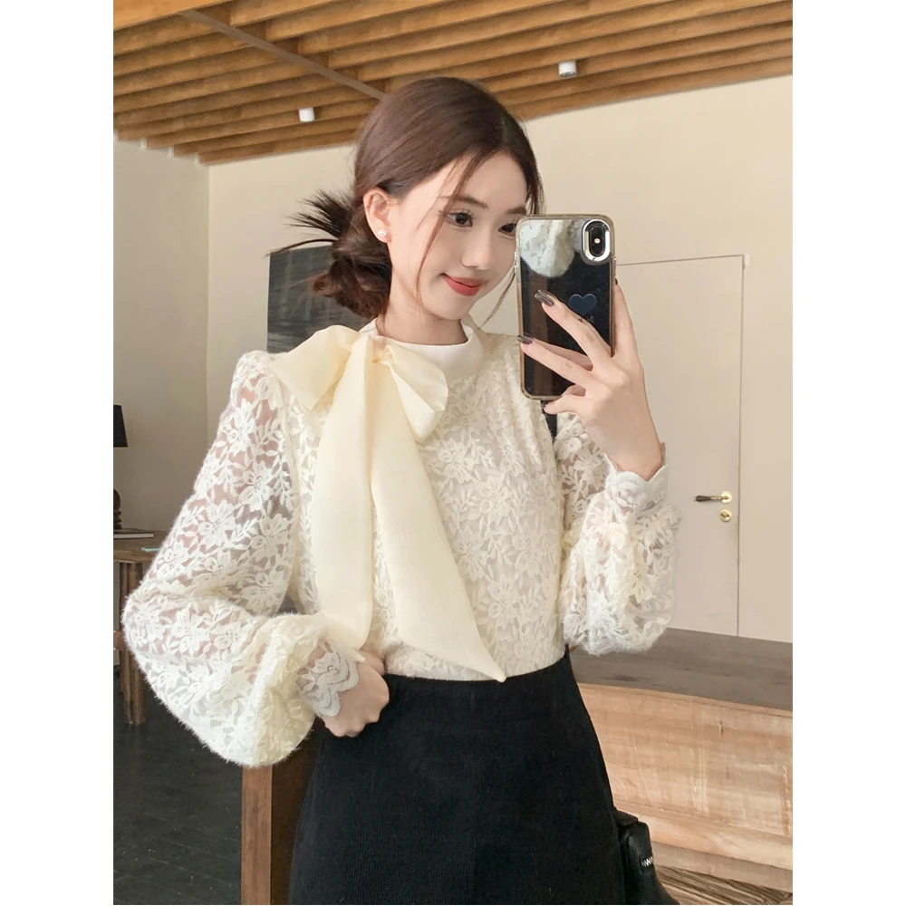 法式木耳边长袖蕾丝衫系带蝴蝶结提花蕾丝加绒设计感洋气上衣