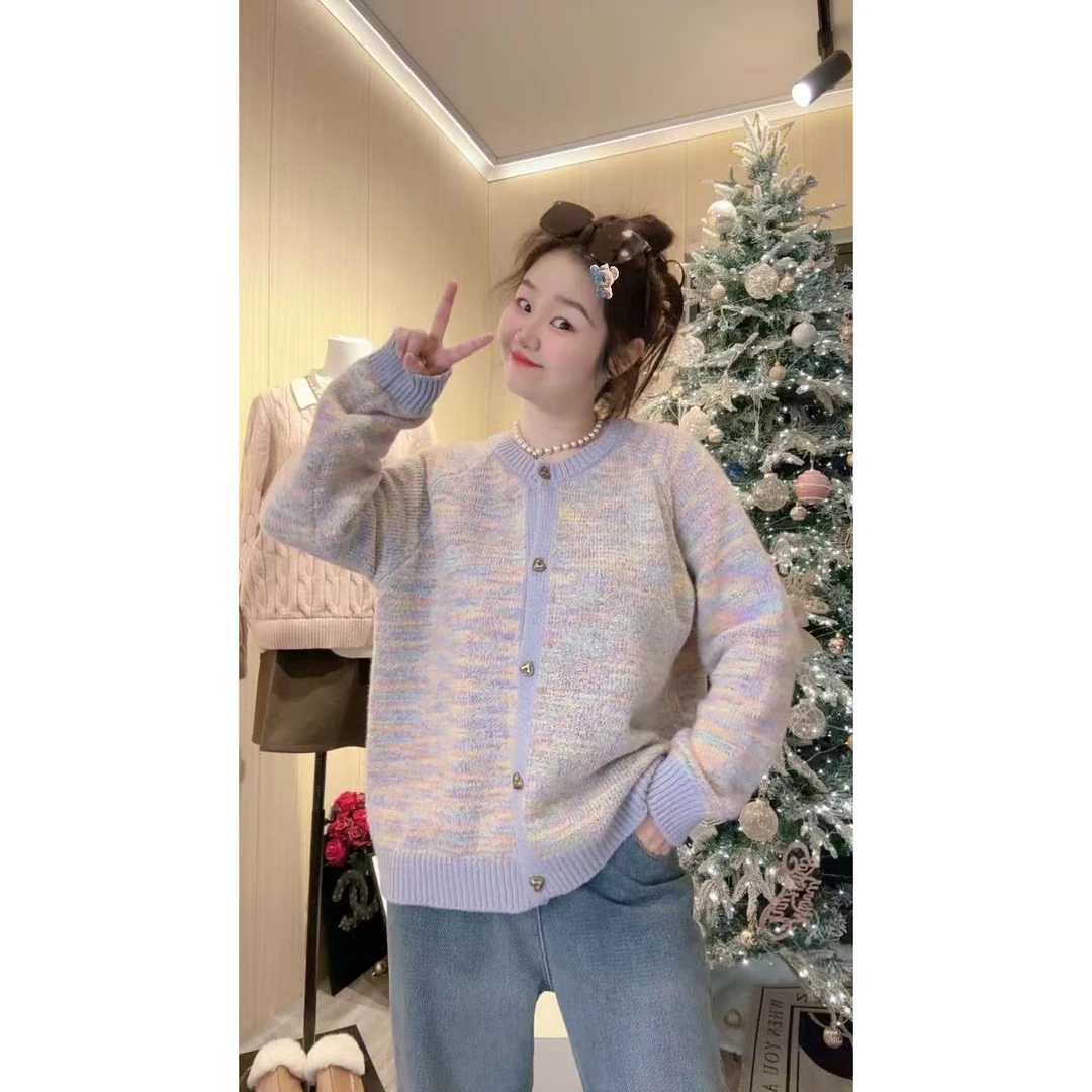 【花纱紫小香风】秋冬甜美花纱糖果色软糯网红气质爱心扣针织开衫