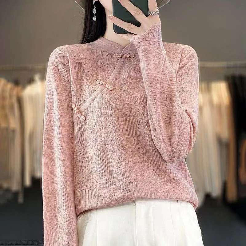 女士中式盘扣蕾丝针织衫