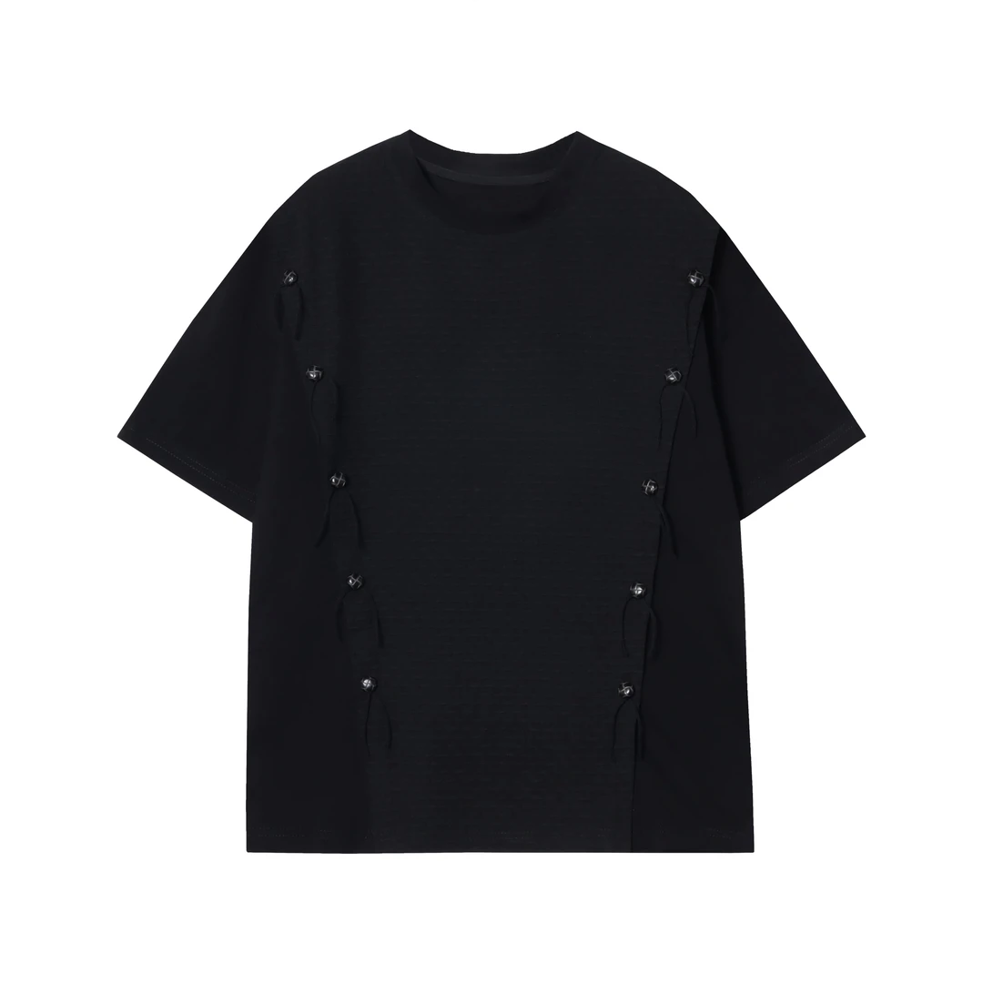 T607春夏设计师新款网格拼接铆钉设计纯色水洗短袖T恤宽松百搭潮