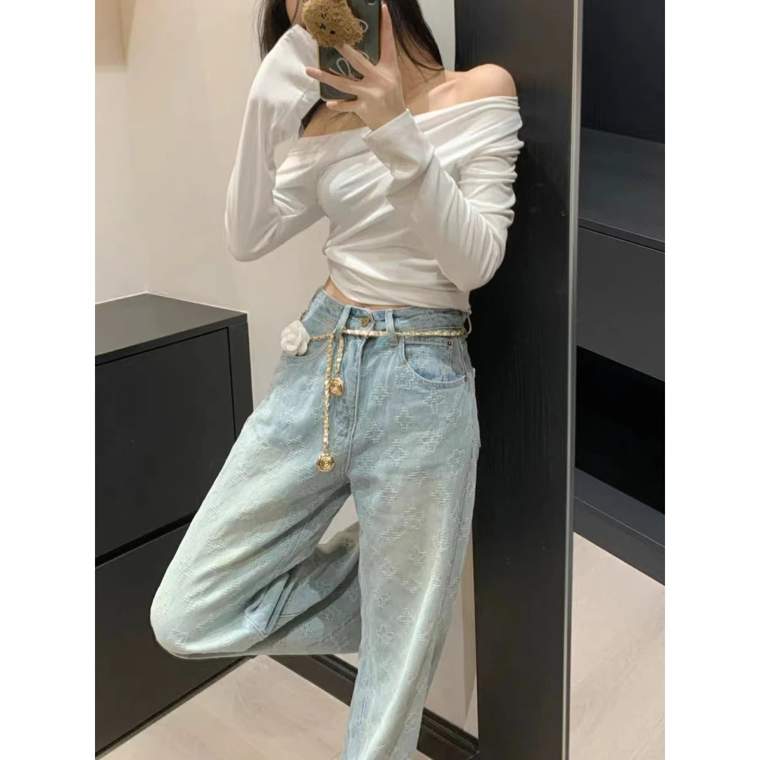 春季新款韩版高级感气质刺绣牛仔裤女高腰修身显瘦百搭阔腿长裤子