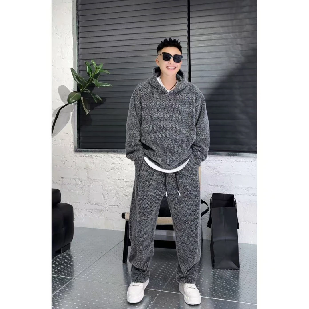 YULE语乐 13032七彩纱线毛织休闲套装加绒加厚连帽卫衣卫裤13035