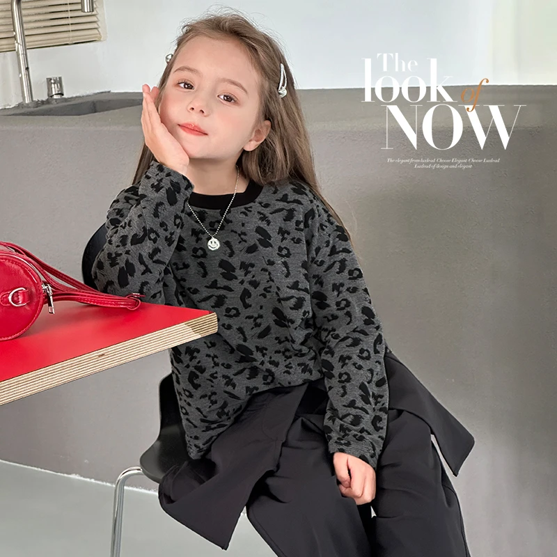 图图小象女童长袖打底衫2025春秋款儿童休闲T恤豹纹亲子款BCT093