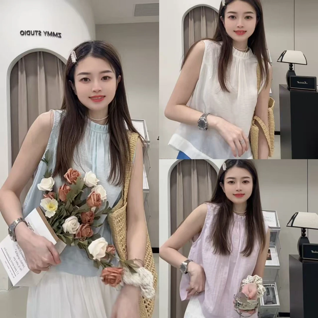 【ZMMY严选私服】夏款韩系复古木耳边无袖系带设计感小衫5051506