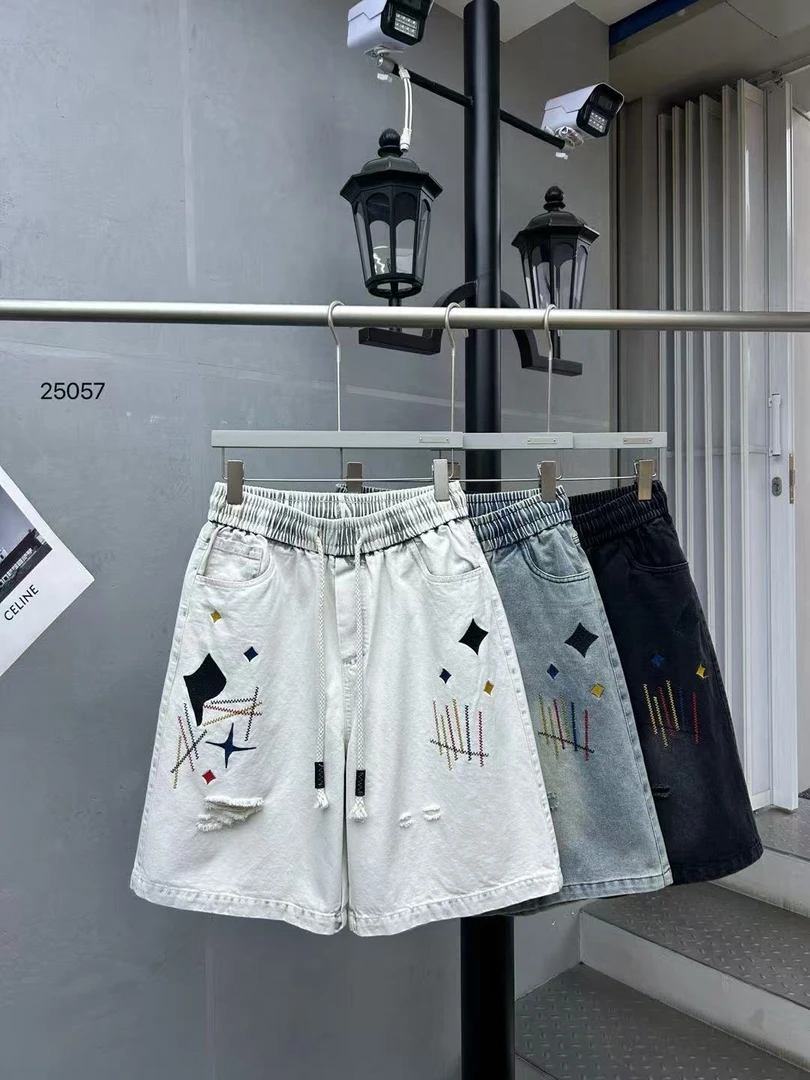 夏季宽松复古牛仔刺绣短裤直筒裤刺绣短裤做旧时尚情侣