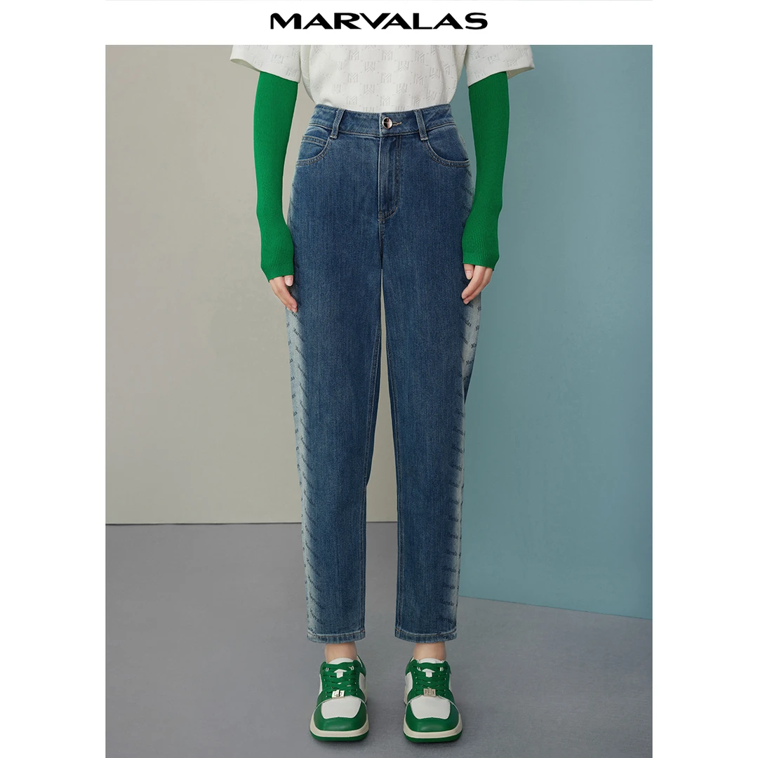 【粉丝专属】曼德诗渐变复古牛仔裤春季印花直筒裤M103300714