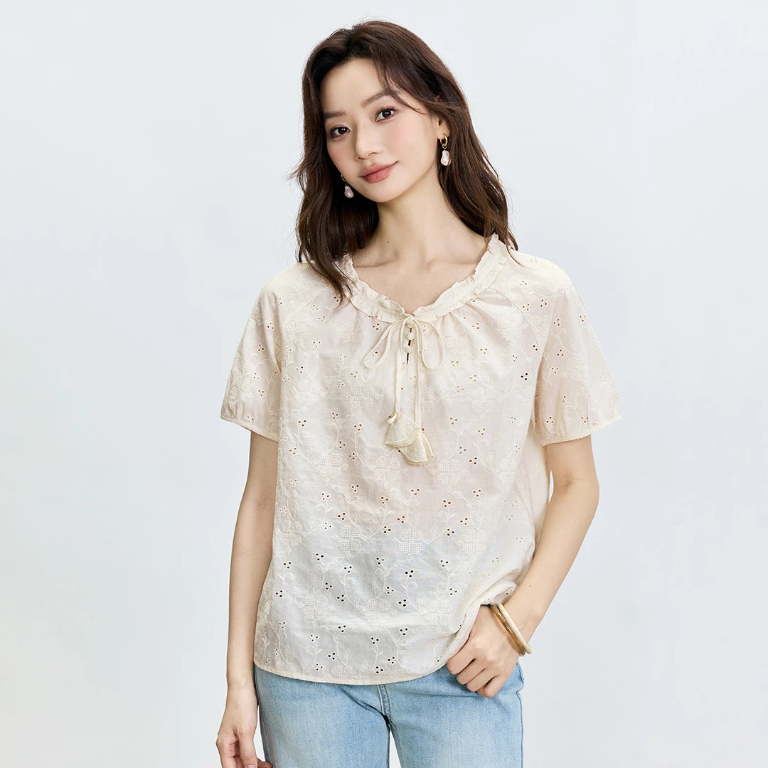 纯棉镂空钩花木耳领衬衫女2025夏季文艺简约宽松薄款短袖衬衣