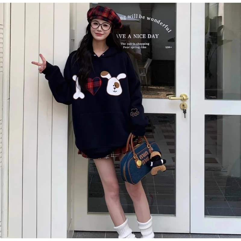 AQUILIA 美式高街连帽卫衣女秋季小狗印花重磅情侣长袖慵懒风上衣