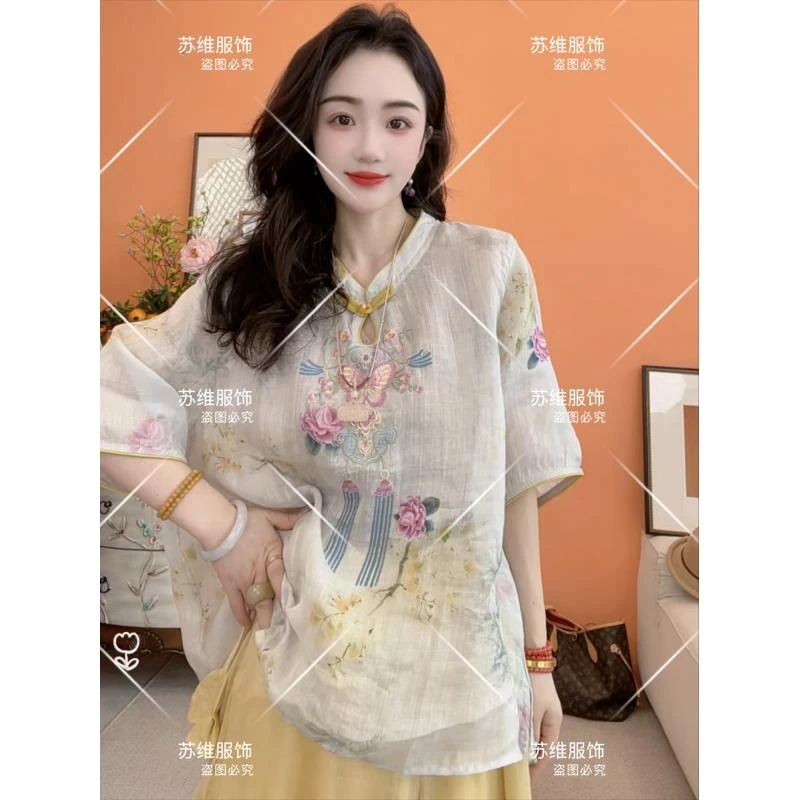 20301国风苎麻文艺复古立领刺绣五分袖夏季薄款百搭女士衬衫