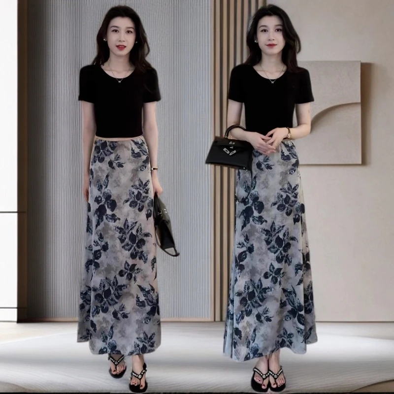 时尚套装女2025夏新款洋气显瘦后背镂空短款T恤碎花半身裙两件套