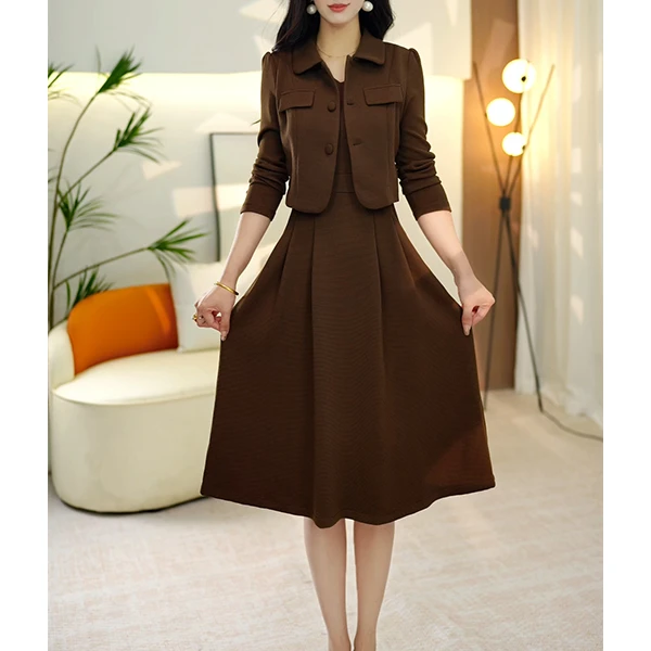 L178时尚气质咖色中长款大码法式连衣裙收腰遮字气质显瘦连衣裙