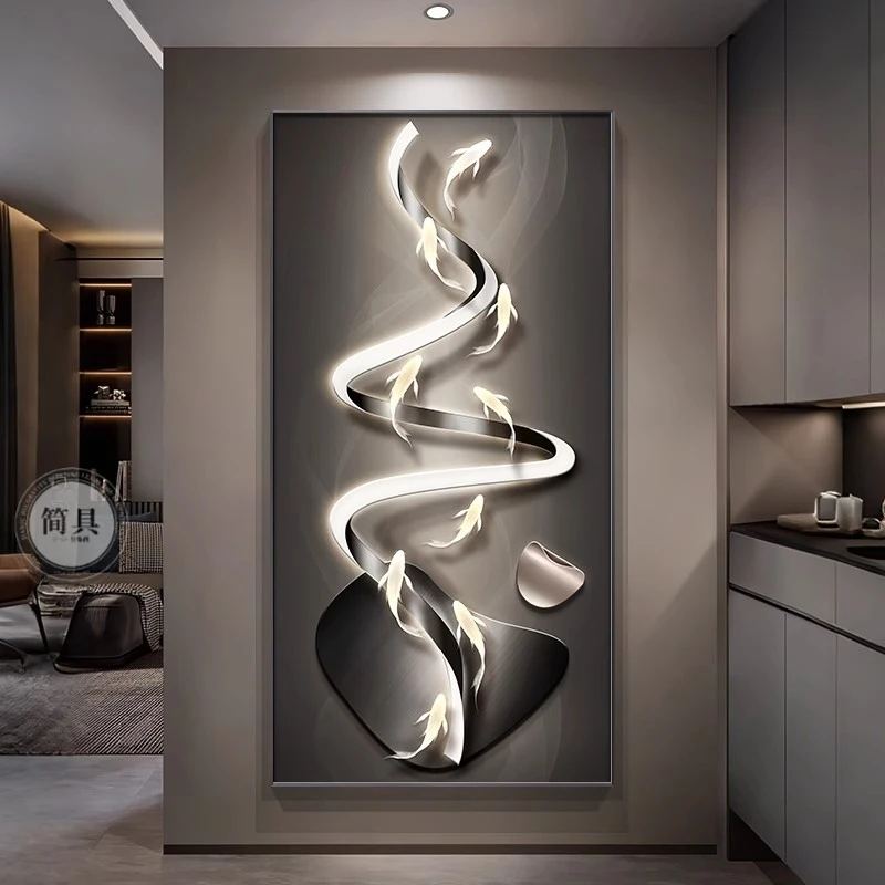 轻奢九鱼图玄关装饰画石来运转走廊过道挂画现代高级感入户门壁画