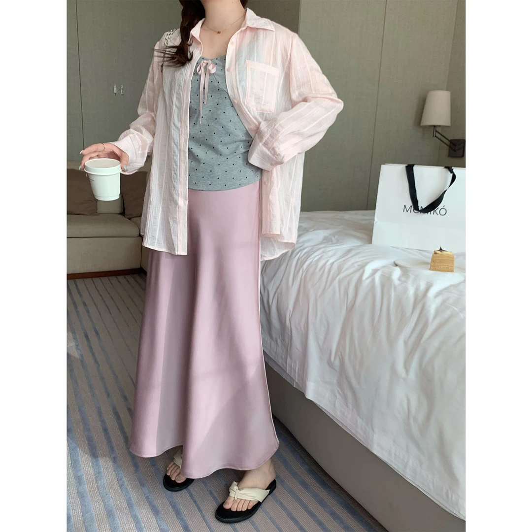 现货大婉酱千千微胖定制 韩系高腰半身裙中长款缎面裙A字裙 8010D