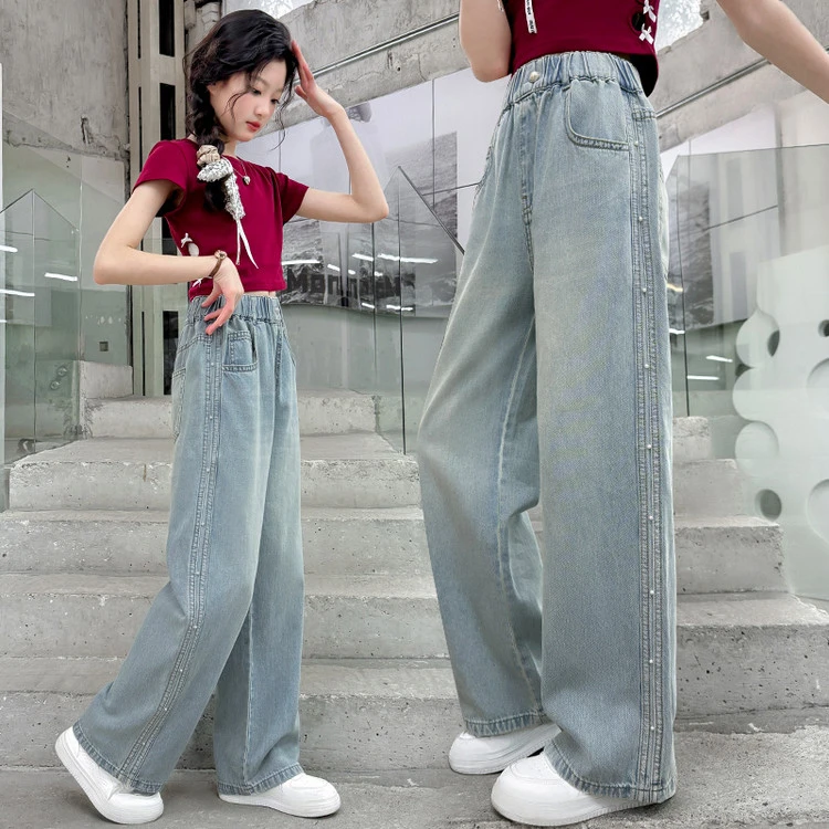 女童牛仔裤夏季2025新款儿童夏装薄款长裤子女大童宽松直筒阔腿裤