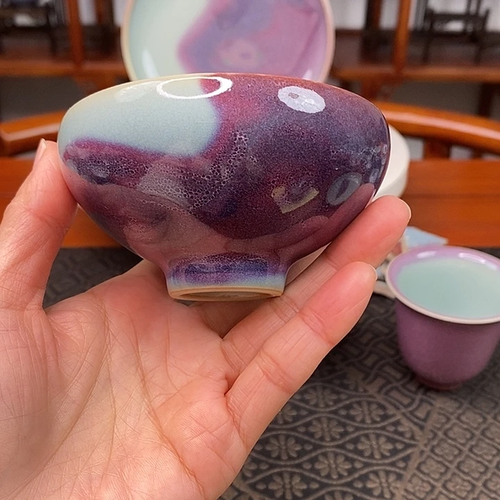 宇***机手工原矿天青釉紫斑鸡心碗9.9福利款