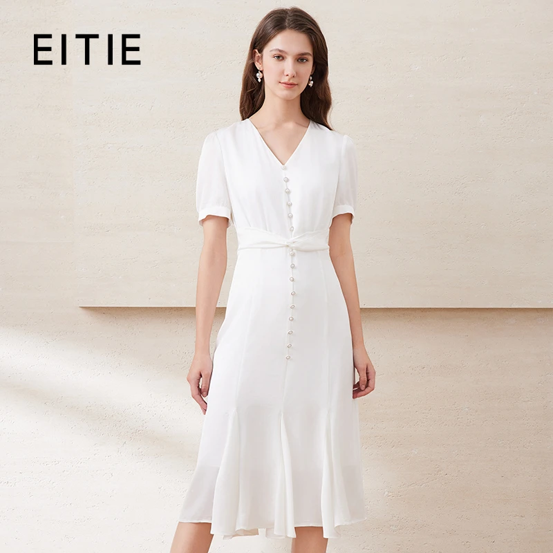 EITIE爱特爱白色V领显瘦垂坠荷叶边显瘦连衣裙2025夏季新B2507602