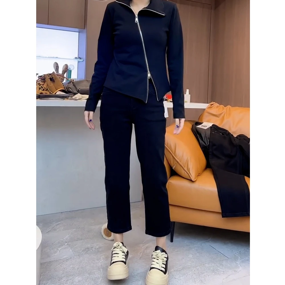 黑色高腰弹力直筒法棍牛仔裤女秋冬加绒宽松显瘦小个子九分烟管裤