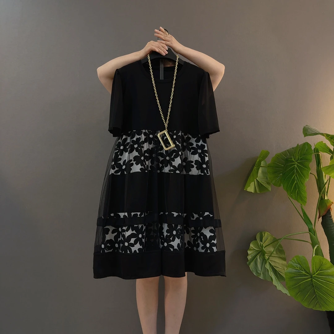 蕾丝时尚长裙黑色女装宽松长款中老年女装圆领大码夏季花朵连衣裙