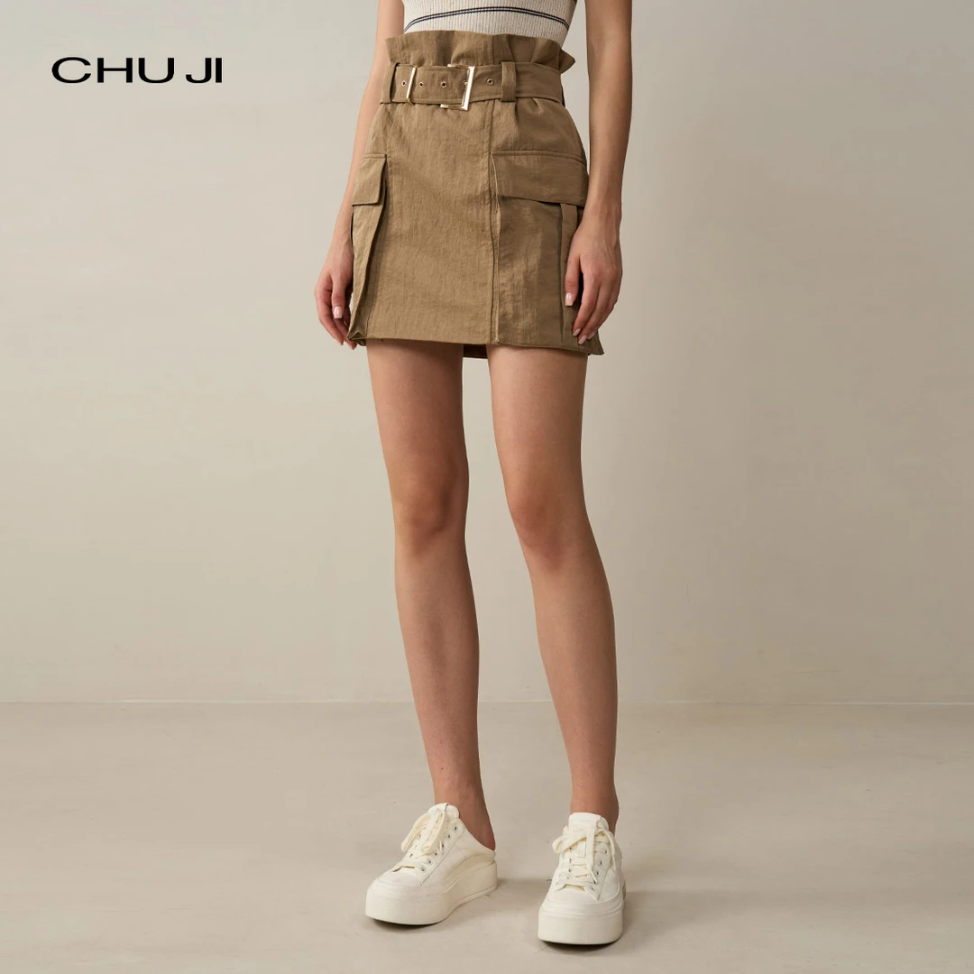 Chuji/出迹大口袋工装高腰短裙女休闲通勤百搭腰带半身裙E1M2373L