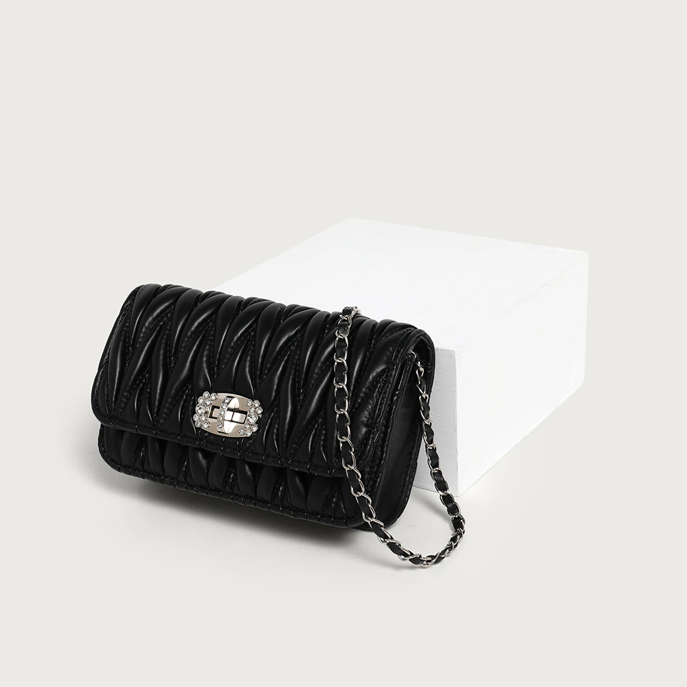 小香风褶皱小包带金球时尚百搭单肩斜跨女士夏季9968小皱黑