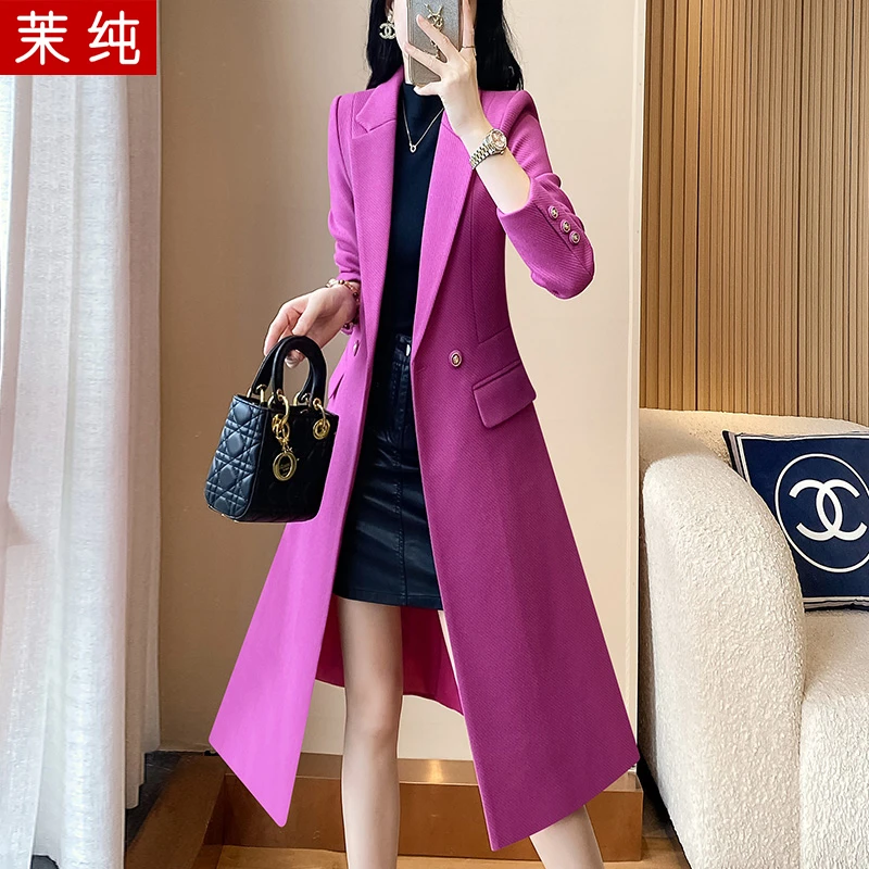 西装外套女2026新款玫红色长款休闲西服风衣轻职场高级感正装大衣