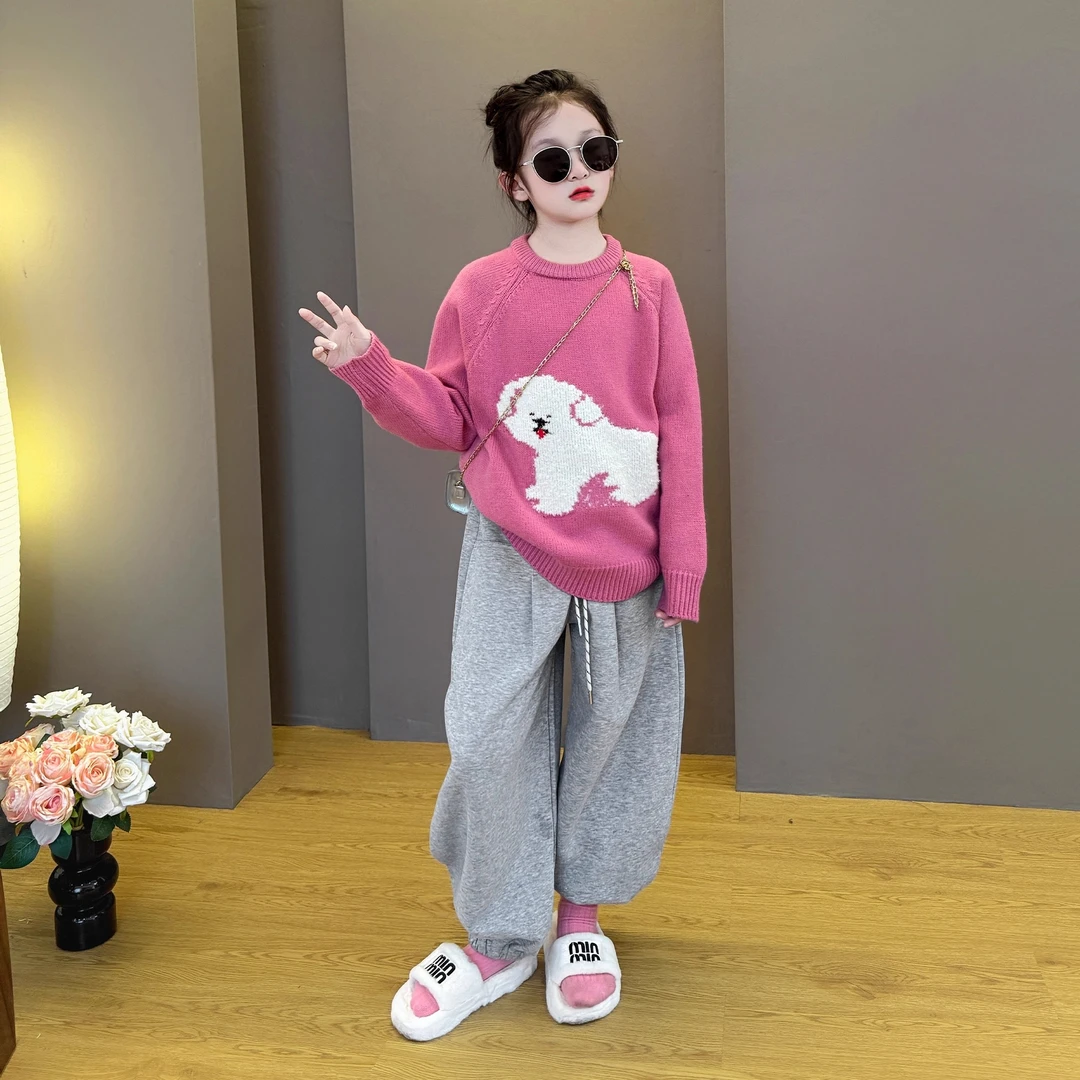女童针织衫毛衣春秋装2025款儿童韩版洋气粉色超好看刺绣小狗毛衣