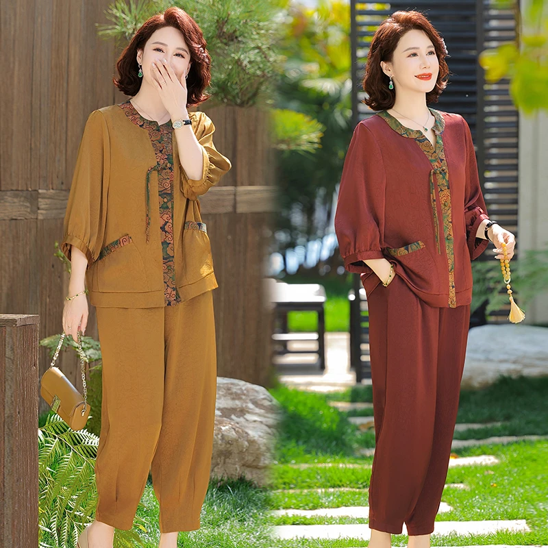 中老年妈妈装2025新款春夏季时尚洋气减龄显瘦时尚中袖两件套套装