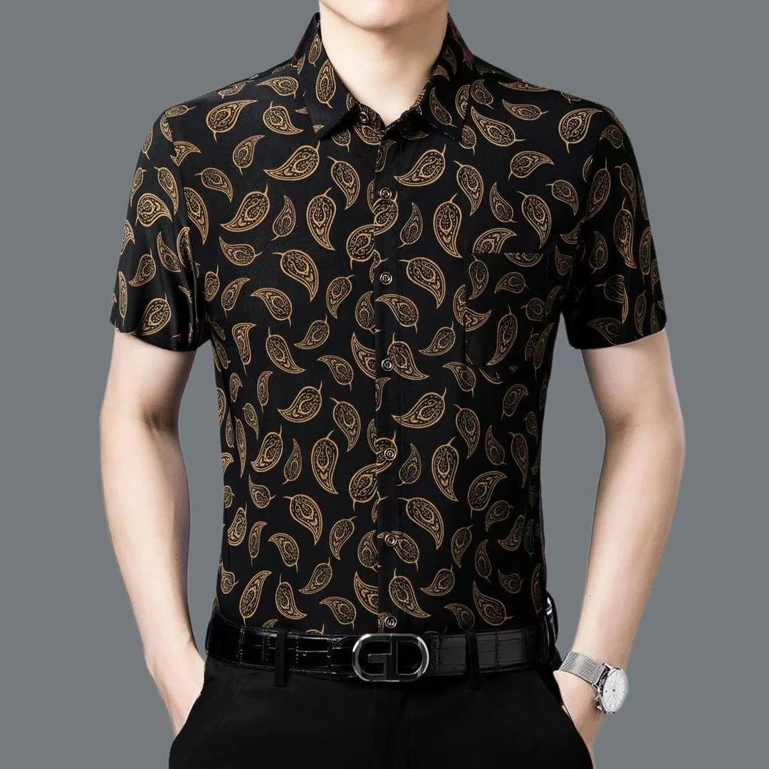 792夏季短袖衬衫休闲印花宽松弹力中年男装衬衫透气冰感高弹衬衣