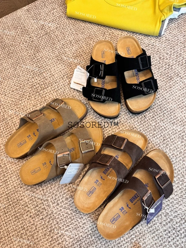 SOSORED / 真皮牛二哥勃肯”双排扣拖鞋男女款软底双扣勃肯拖鞋
