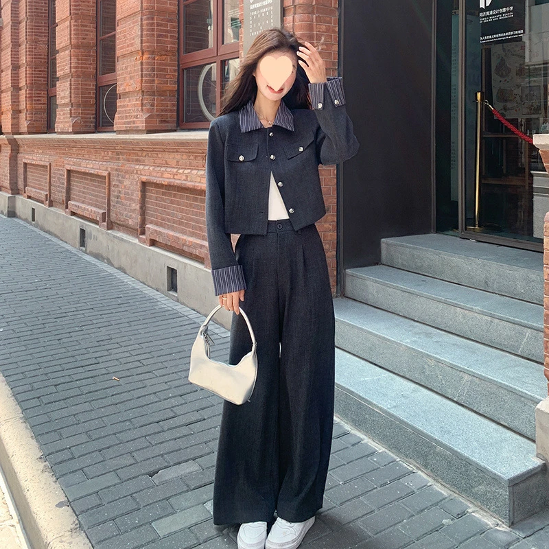 涤纶100%时尚套装女秋季新款春秋小香风设计师条纹拼接长裤长袖春