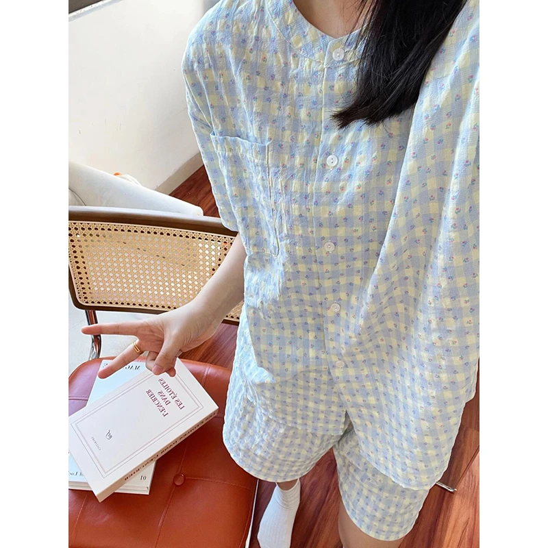 【碎花格纹】韩系甜美少女开衫短袖睡衣女夏季新款短裤家居服两件套