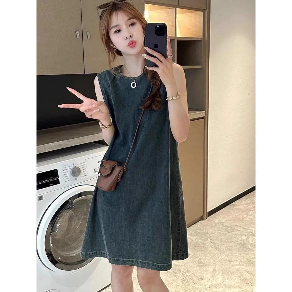 韩系复古圆领薄款牛仔背心连衣裙女夏季宽松显瘦中长款裙子