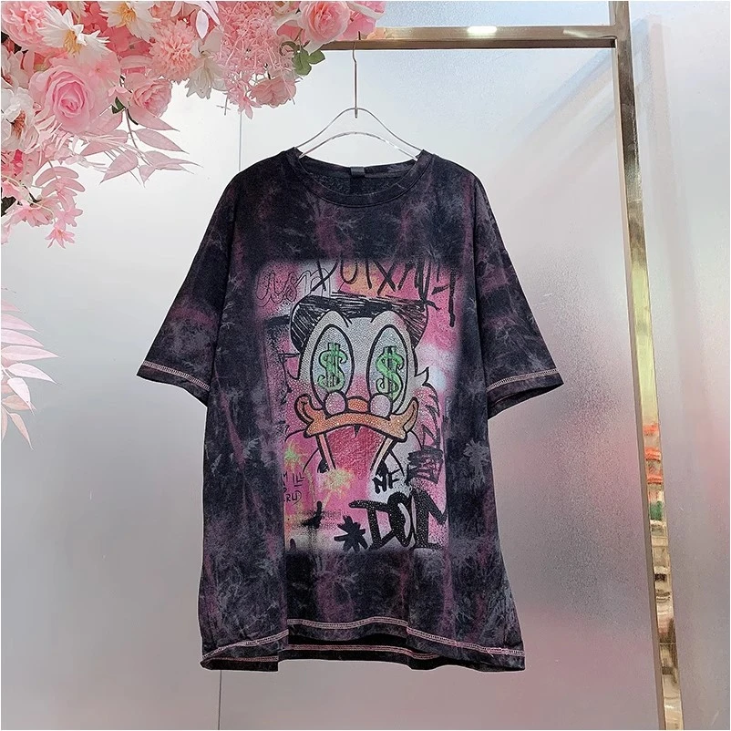 X21514欧美设计师2025春夏新款重工烫钻涂鸦卡通字母休闲宽松T恤