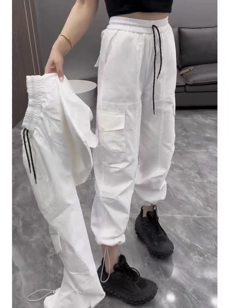 欧货2025春夏新款松紧腰抽绳束脚工装裤女大口袋休闲运动裤子