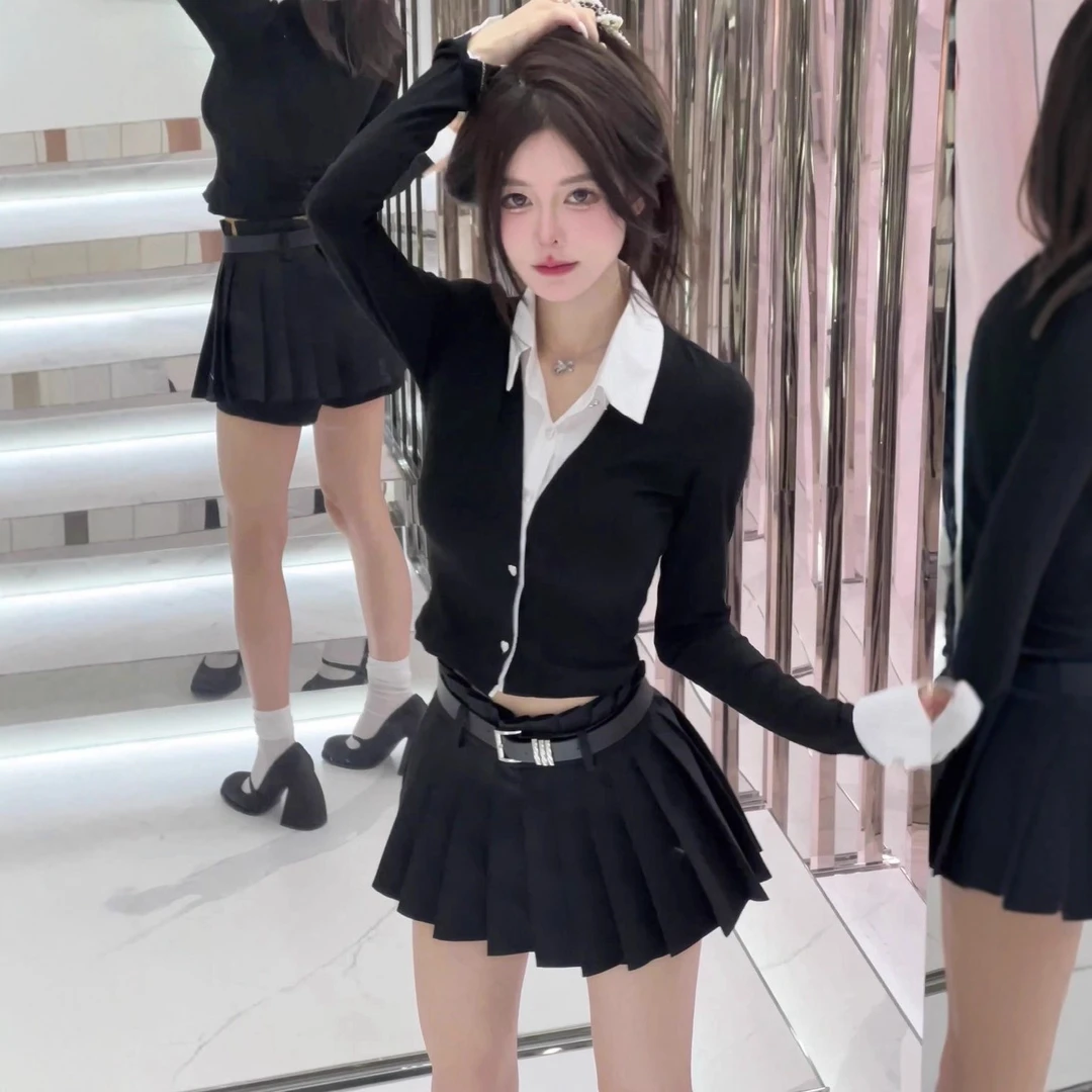 美式辣辣撞色polo领打底衫女秋季新品纯欲洋气假两件长袖短款上衣
