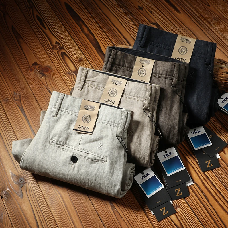 2025夏季薄款100%亚麻男士高端纯麻料不扎肉直筒宽松透气休闲长裤