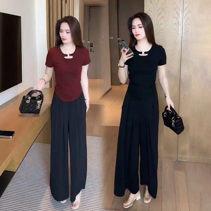 时尚洋气套装女夏季新款小个子穿搭一整套短袖T恤阔腿裤两件套潮