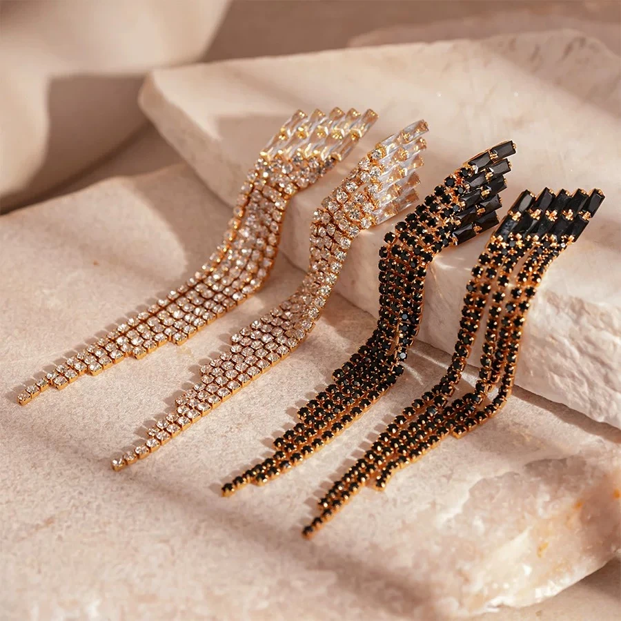 铜合金耳饰【自由】满钻几何黑色流苏耳环欧美时尚设计轻奢高级感