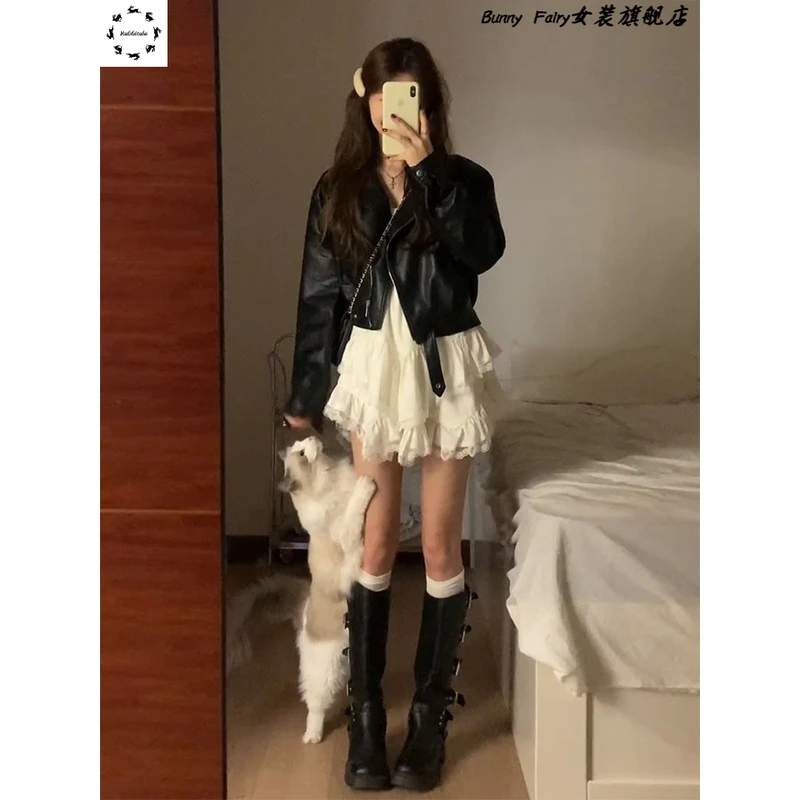 美式复古黑色短款皮衣外套女春秋季高级感小个子机车服pu夹克上衣