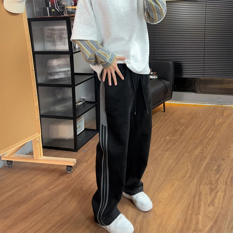 条纹包边仿麂皮绒运动长裤男春秋款阔腿男裤拖地慵懒风直筒休闲裤