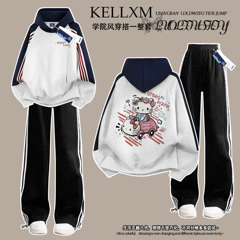 秋冬季卡通可爱女童猫咪印花插肩三条杠连帽卫衣裤子学生百搭套装