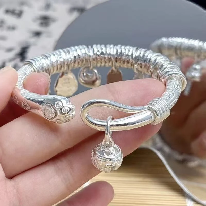 足银手镯 足银手镯 七星猫爪盘缠开口镯0359