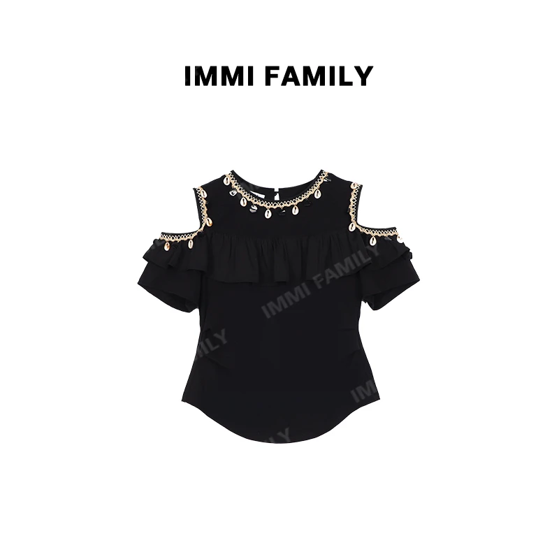 有货彩虹#86557夏季福利重工艺拼接漏肩修身上衣，衣长：58cm