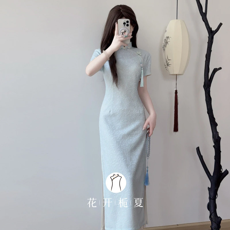《雪域》蓝色旗袍2025夏季新款新中式改良高端气质年轻连衣裙