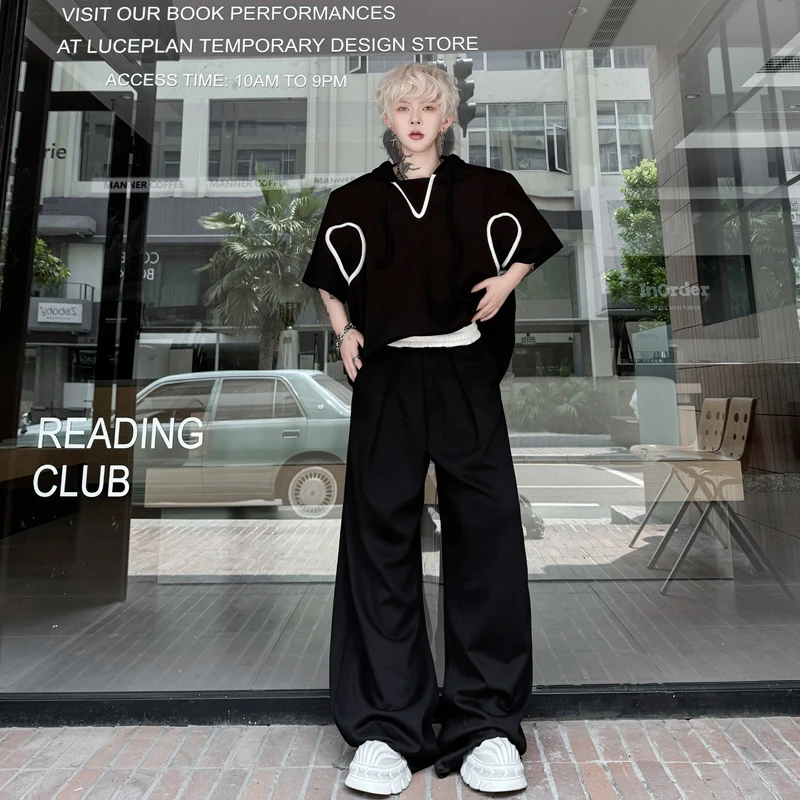 夏装暗黑系撞色包边连帽短袖卫衣套装男女运动拖地阔腿长裤两件套