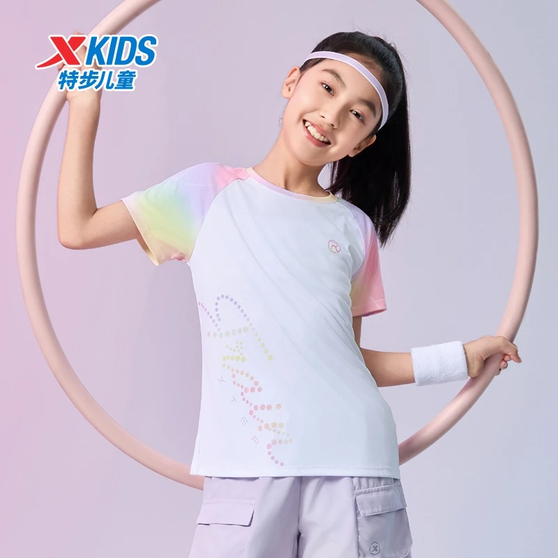 特步儿童夏季女童舒适运动短袖透气T桖圆领针织衫675224019253