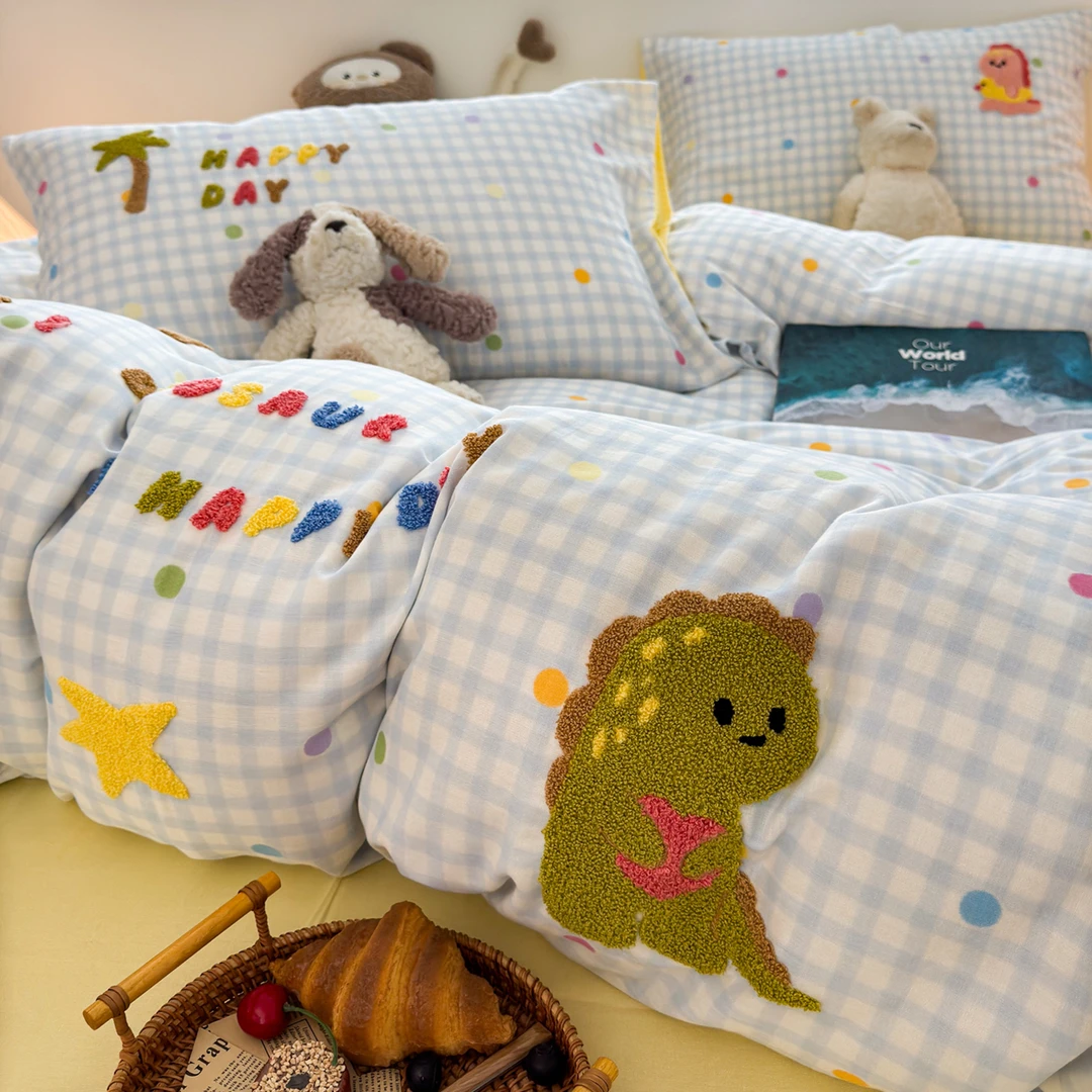 A类可爱小恐龙全棉双层纱四件套纯棉2025新款三件套床单床笠被罩