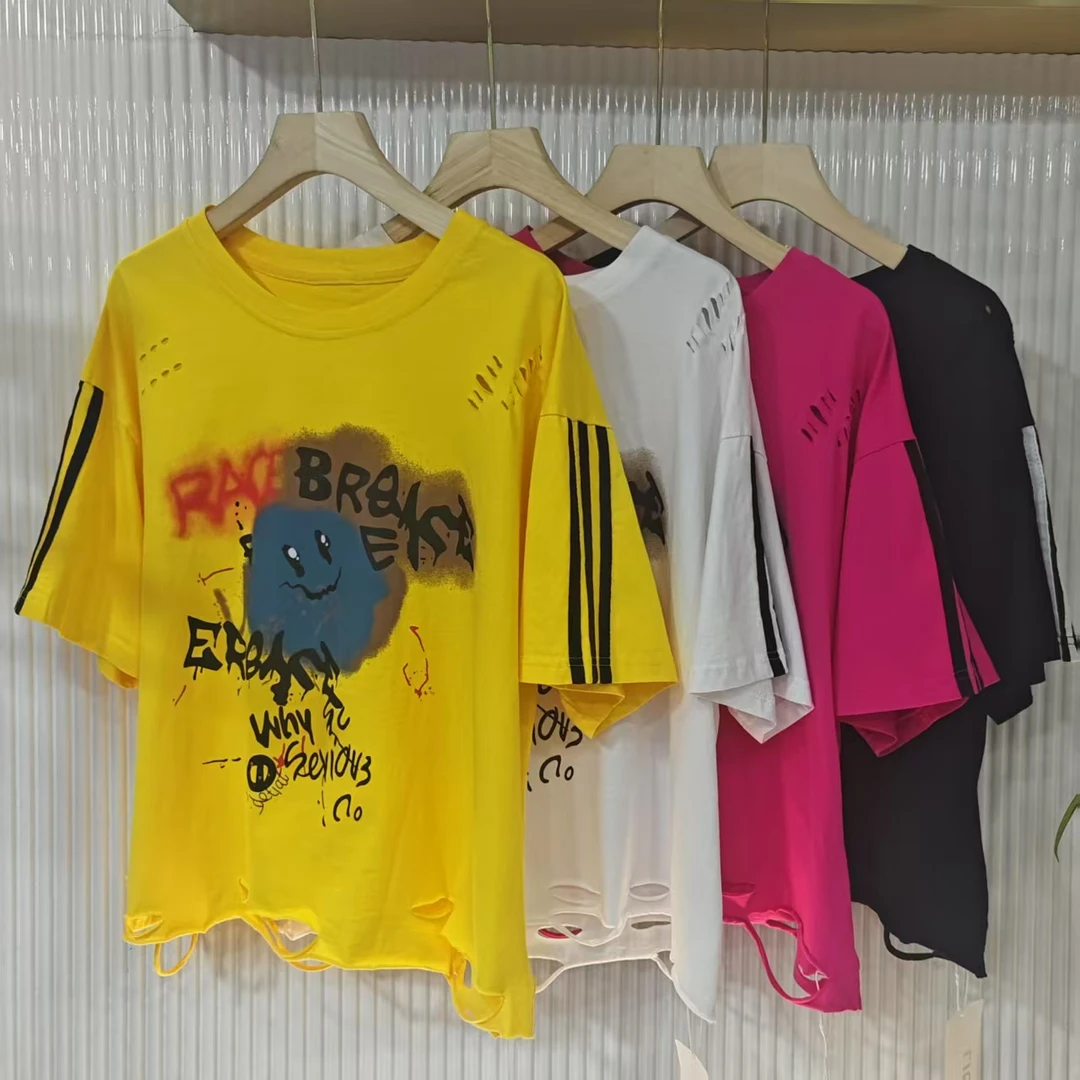 【七沐服饰】88138圆领破洞短袖T恤夏季潮牌时尚百搭休闲女装宽松