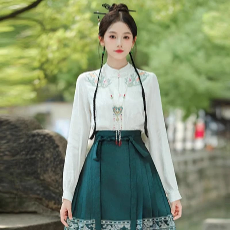 新中式盘扣立领上衣女装新款改良提花刺绣长袖衬衫汉元素国风衬衣